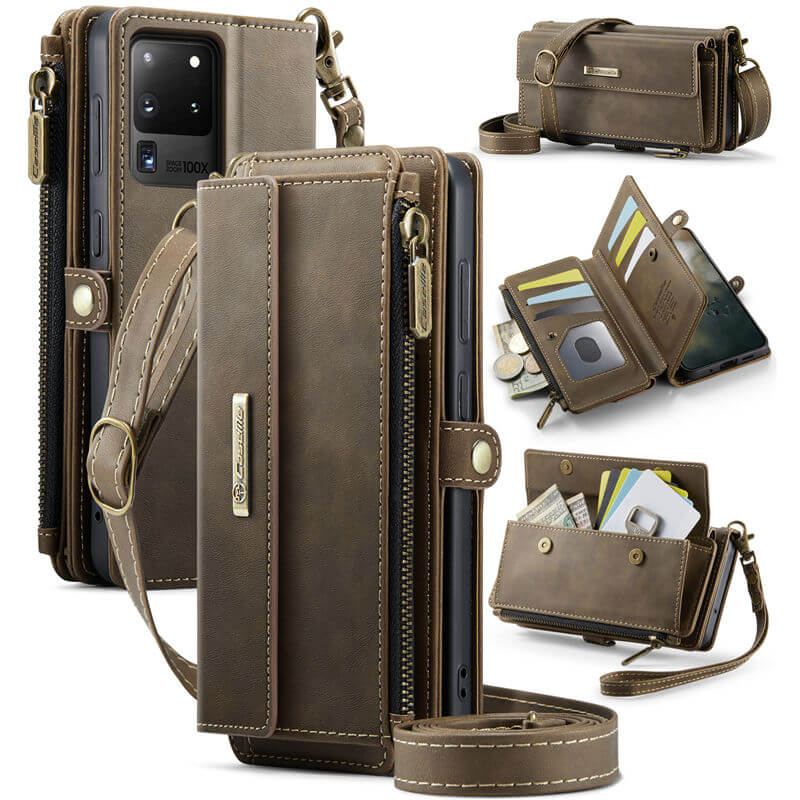 CaseMe Samsung Galaxy S20 Ultra Wallet Case – RFID Blocking Crossbody Bag with 9 Card Slots & Wireless Charging Coffee