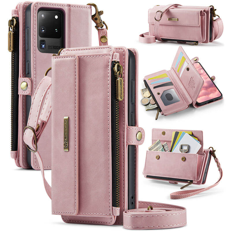 CaseMe Samsung Galaxy S20 Ultra Wallet Case – RFID Blocking Crossbody Bag with 9 Card Slots & Wireless Charging Pink