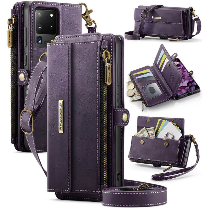 CaseMe Samsung Galaxy S20 Ultra Wallet Case – RFID Blocking Crossbody Bag with 9 Card Slots & Wireless Charging Purple