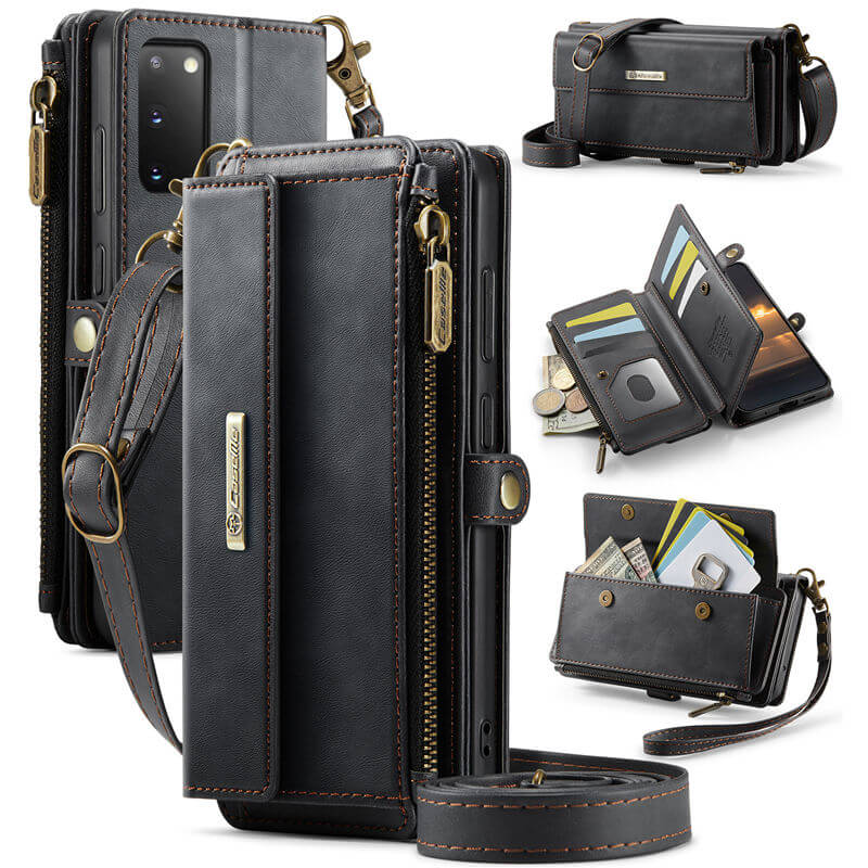 CaseMe Samsung Galaxy S20 Wallet Case – RFID Blocking Crossbody Bag with 9 Card Slots & Wireless Charging Black