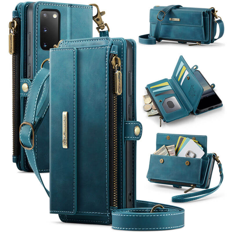 CaseMe Samsung Galaxy S20 Wallet Case – RFID Blocking Crossbody Bag with 9 Card Slots & Wireless Charging Blue