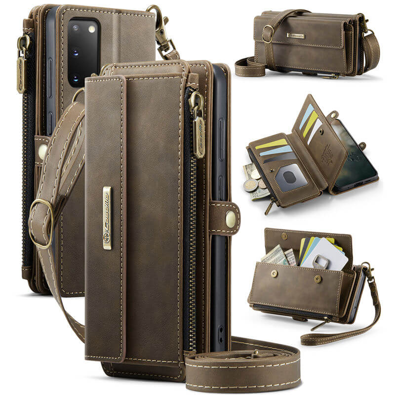 CaseMe Samsung Galaxy S20 Wallet Case – RFID Blocking Crossbody Bag with 9 Card Slots & Wireless Charging Coffee