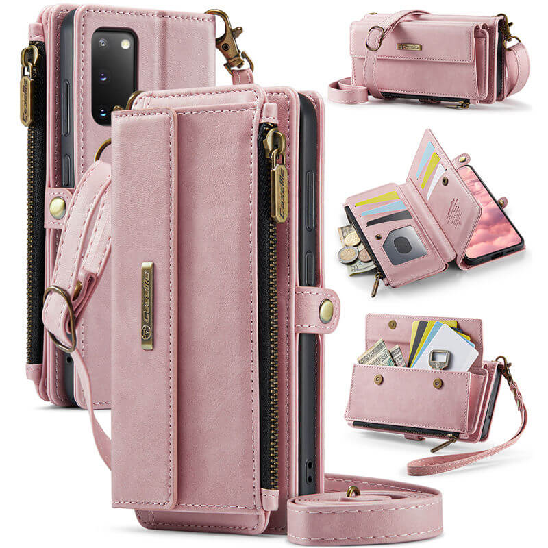 CaseMe Samsung Galaxy S20 Wallet Case – RFID Blocking Crossbody Bag with 9 Card Slots & Wireless Charging Pink