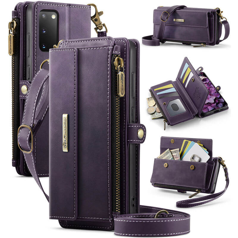 CaseMe Samsung Galaxy S20 Wallet Case – RFID Blocking Crossbody Bag with 9 Card Slots & Wireless Charging Purple
