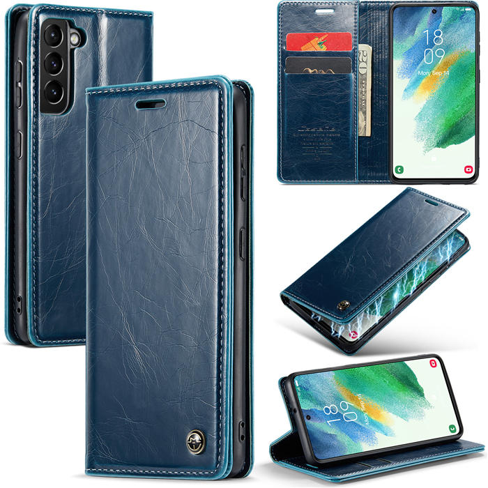 CaseMe Samsung Galaxy S21 FE Wallet Kickstand Magnetic Case Blue - Click Image to Close