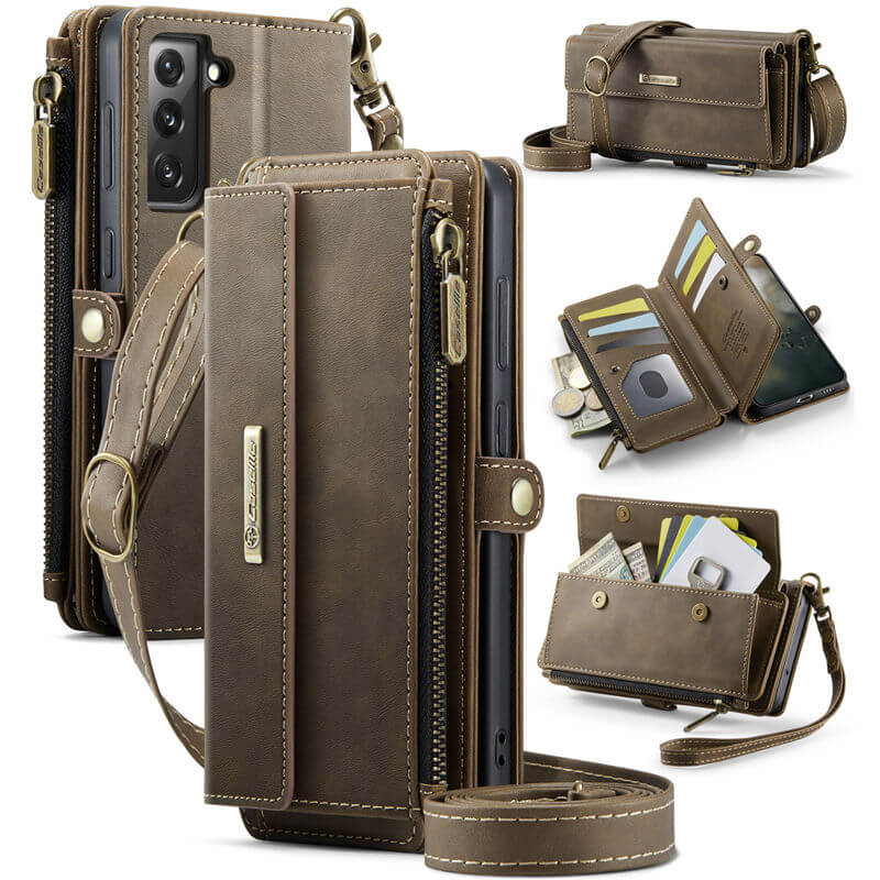 CaseMe Samsung Galaxy S21 FE Wallet Case – RFID Blocking Crossbody Bag with 9 Card Slots & Wireless Charging Coffee