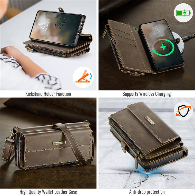 CaseMe Samsung Galaxy S21 FE Wallet Case – RFID Blocking, 9 Card Slots, Crossbody Strap & Wireless Charging
