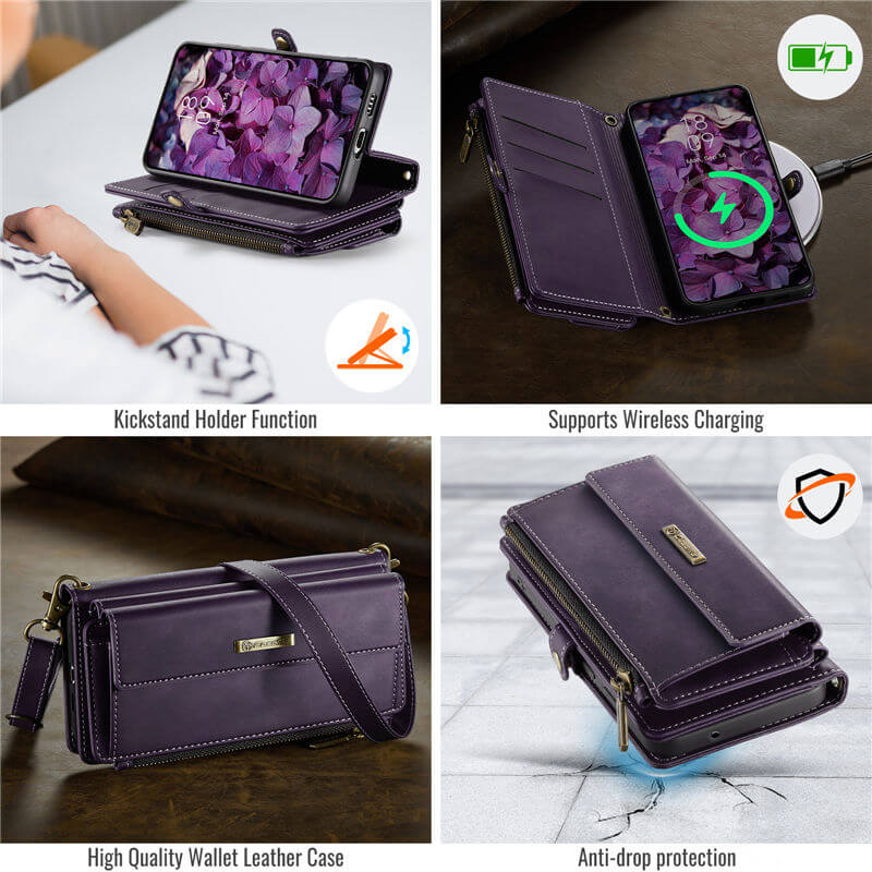 CaseMe Samsung Galaxy S21 FE Wallet Case – RFID Blocking, 9 Card Slots, Crossbody Strap & Wireless Charging