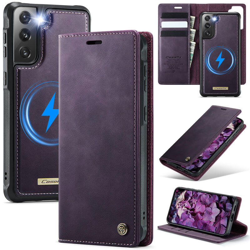 CaseMe Samsung Galaxy S21 FE 2-in-1 Magnetic Wallet Case – Wireless Charging & RFID Blocking Purple