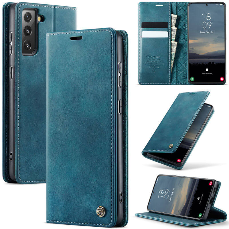 CaseMe Samsung Galaxy S21 Magnetic Wallet Case with RFID Blocking Blue