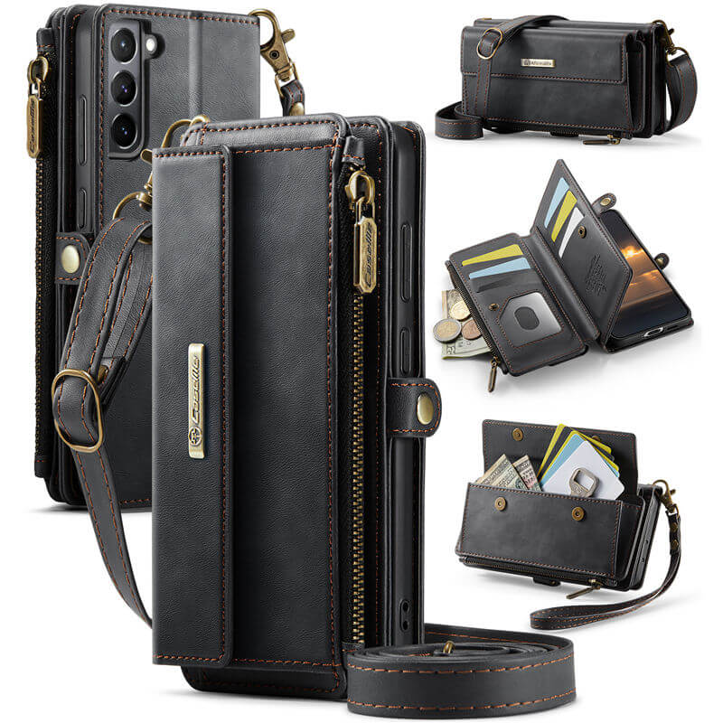 CaseMe Samsung Galaxy S21 Plus Wallet Case – RFID Blocking Crossbody Bag with 9 Card Slots & Wireless Charging Black