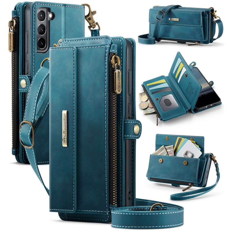 CaseMe Samsung Galaxy S21 Plus Wallet Case – RFID Blocking Crossbody Bag with 9 Card Slots & Wireless Charging Blue