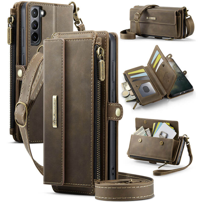 CaseMe Samsung Galaxy S21 Plus Wallet Case – RFID Blocking Crossbody Bag with 9 Card Slots & Wireless Charging Coffee