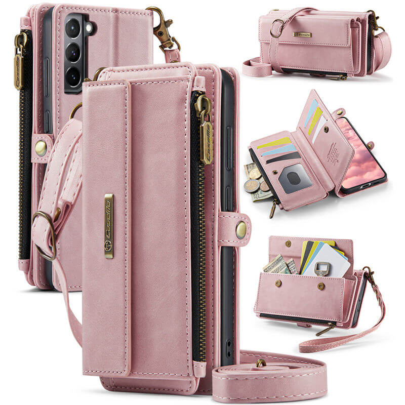 CaseMe Samsung Galaxy S21 Plus Wallet Case – RFID Blocking Crossbody Bag with 9 Card Slots & Wireless Charging Pink