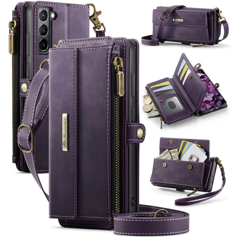 CaseMe Samsung Galaxy S21 Plus Wallet Case – RFID Blocking Crossbody Bag with 9 Card Slots & Wireless Charging Purple