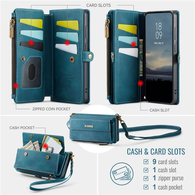 CaseMe Samsung Galaxy S21 Wallet Case – RFID Blocking, 9 Card Slots, Crossbody Strap & Wireless Charging