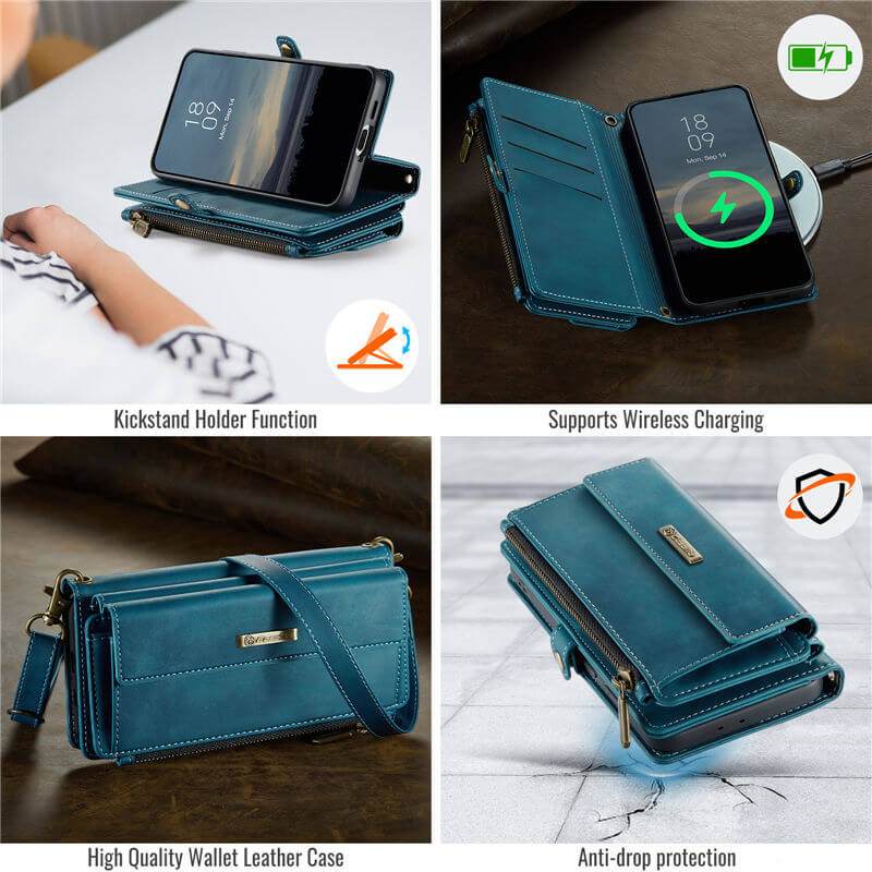 CaseMe Samsung Galaxy S21 Wallet Case – RFID Blocking, 9 Card Slots, Crossbody Strap & Wireless Charging