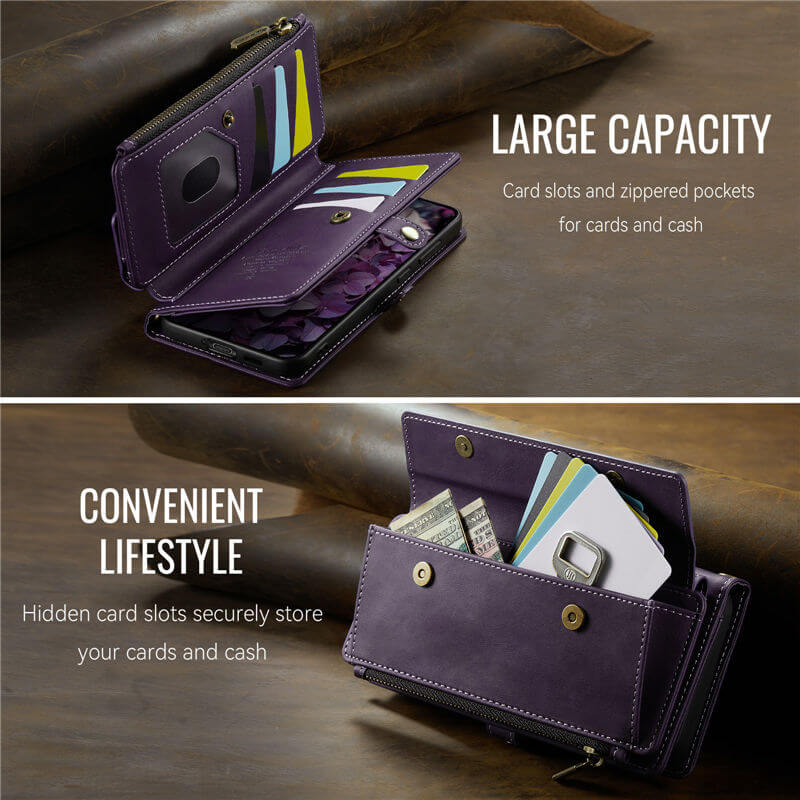 CaseMe Samsung Galaxy S21 Wallet Case – RFID Blocking, 9 Card Slots, Crossbody Strap & Wireless Charging