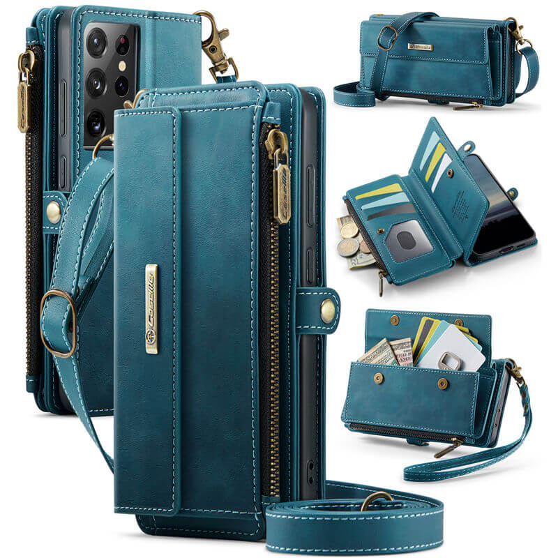 CaseMe Samsung Galaxy S21 Ultra Wallet Case – RFID Blocking Crossbody Bag with 9 Card Slots & Wireless Charging Blue
