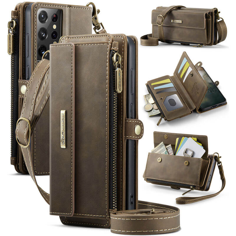 CaseMe Samsung Galaxy S21 Ultra Wallet Case – RFID Blocking Crossbody Bag with 9 Card Slots & Wireless Charging Coffee