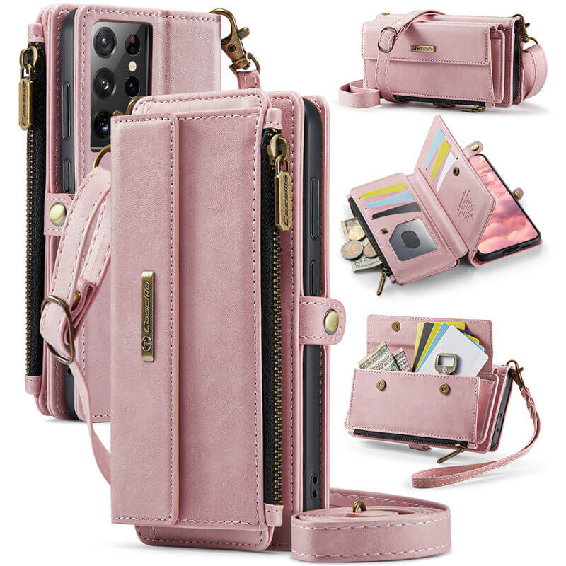 CaseMe Samsung Galaxy S21 Ultra Wallet Case – RFID Blocking Crossbody Bag with 9 Card Slots & Wireless Charging Pink
