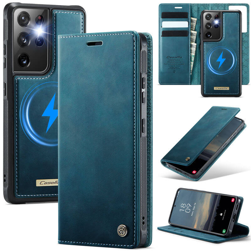 CaseMe Samsung Galaxy S21 Ultra 2-in-1 Magnetic Wallet Case – Wireless Charging & RFID Blocking Blue