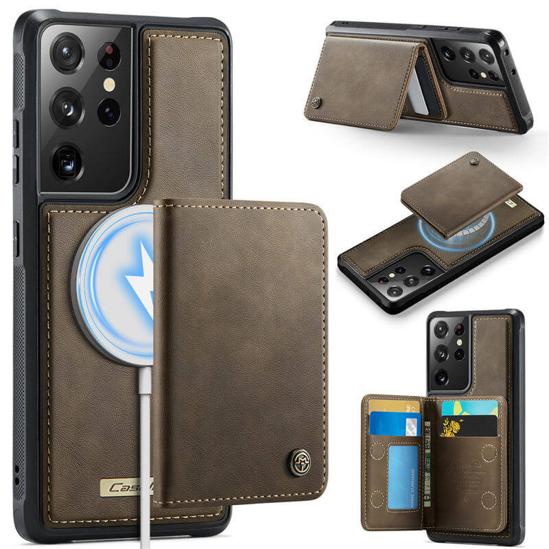 CaseMe Samsung Galaxy S21 Ultra 2-in-1 Magnetic Wallet Case with RFID Blocking & Wireless Charging - Coffee