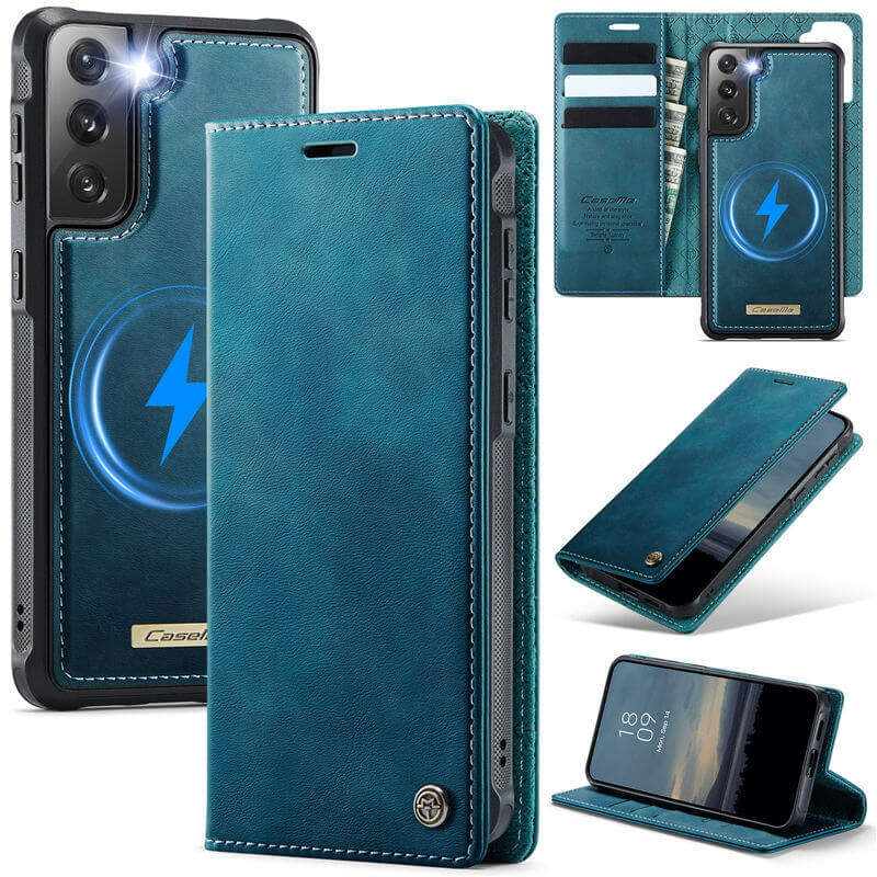 CaseMe Samsung Galaxy S21 2-in-1 Magnetic Wallet Case – Wireless Charging & RFID Blocking Blue