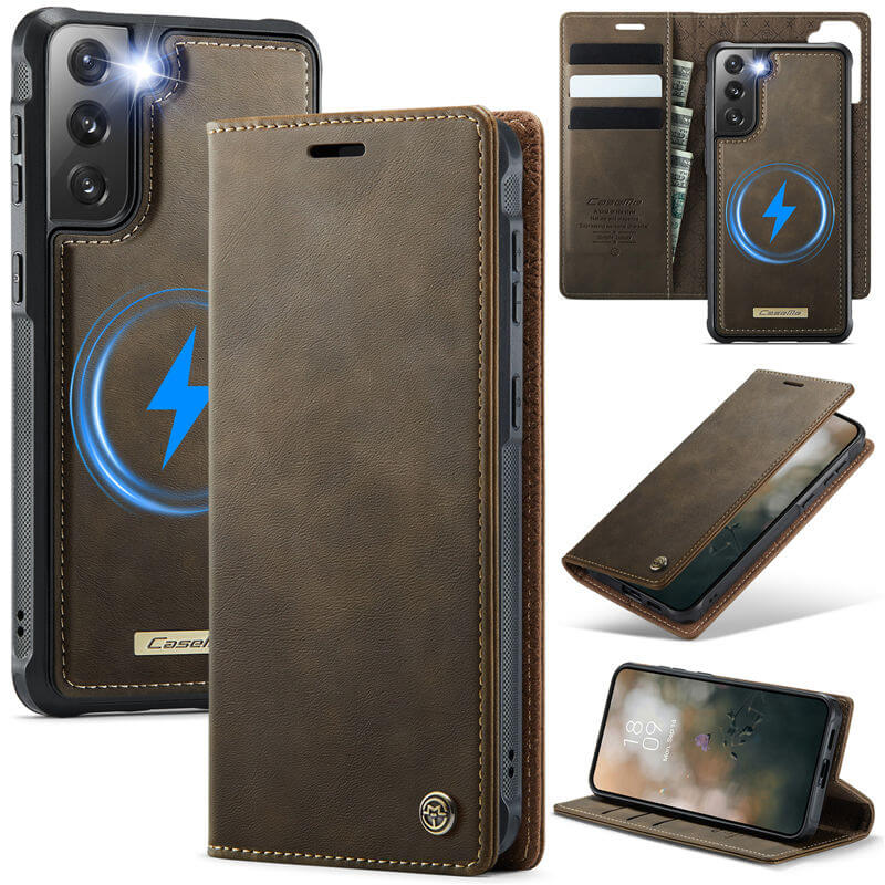 CaseMe Samsung Galaxy S21 2-in-1 Magnetic Wallet Case – Wireless Charging & RFID Blocking Coffee