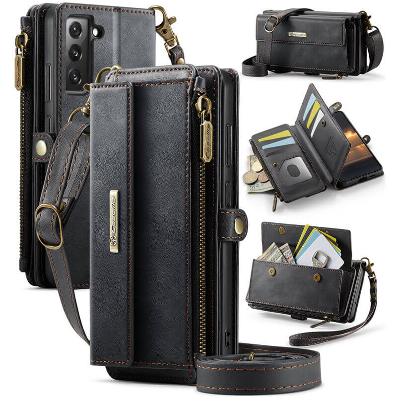 CaseMe Samsung Galaxy S22 Plus Wallet Case – RFID Blocking Crossbody Bag with 9 Card Slots & Wireless Charging Black