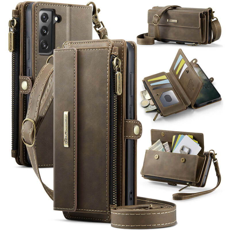 CaseMe Samsung Galaxy S22 Plus Wallet Case – RFID Blocking Crossbody Bag with 9 Card Slots & Wireless Charging Coffee