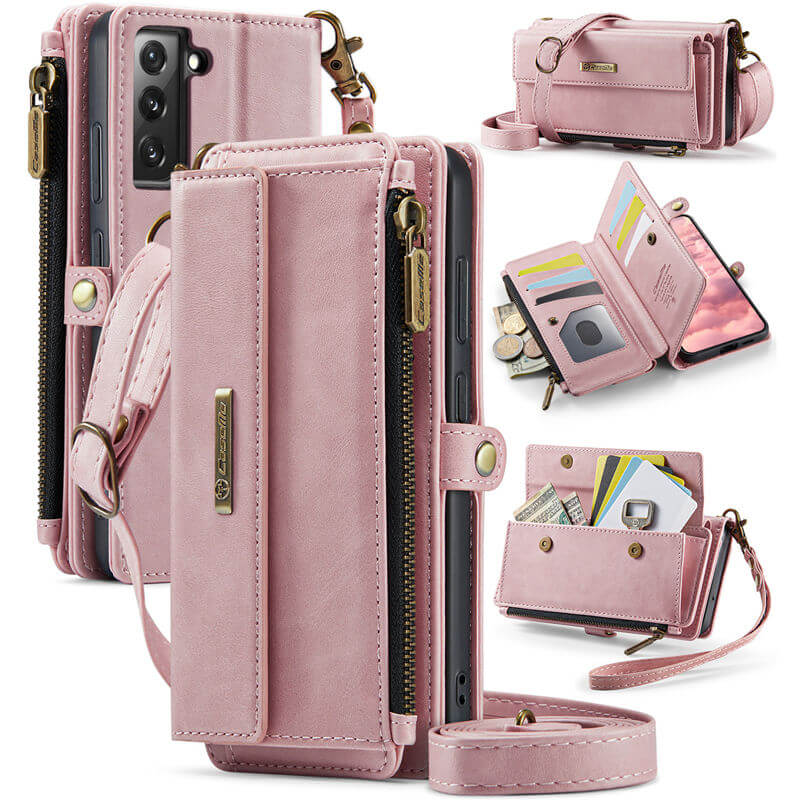 CaseMe Samsung Galaxy S22 Plus Wallet Case – RFID Blocking Crossbody Bag with 9 Card Slots & Wireless Charging Pink