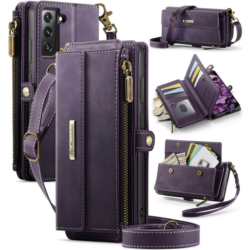 CaseMe Samsung Galaxy S22 Plus Wallet Case – RFID Blocking Crossbody Bag with 9 Card Slots & Wireless Charging Purple