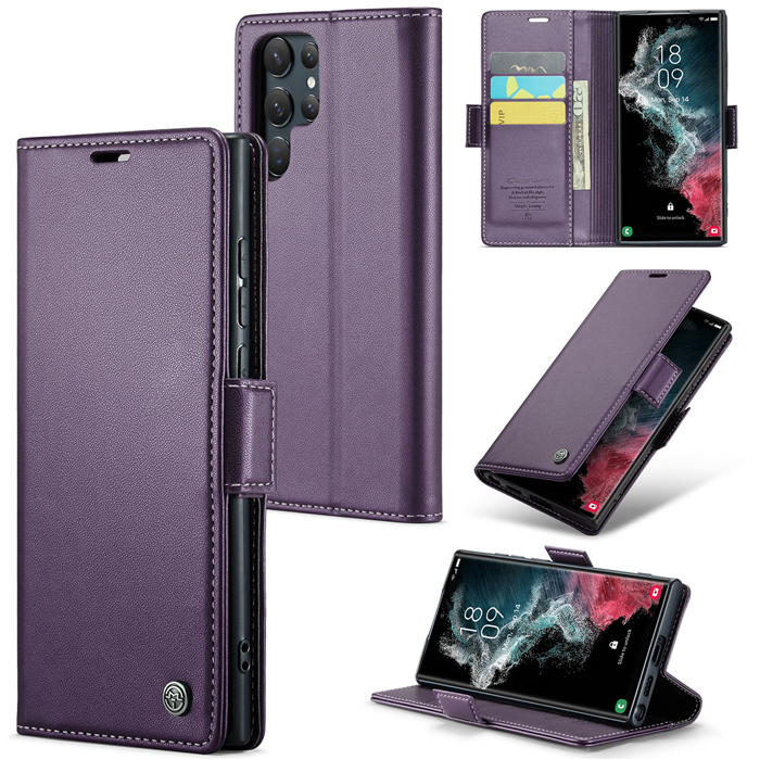 CaseMe Samsung Galaxy S22 Ultra Wallet RFID Blocking Magnetic Buckle Case Purple - Click Image to Close