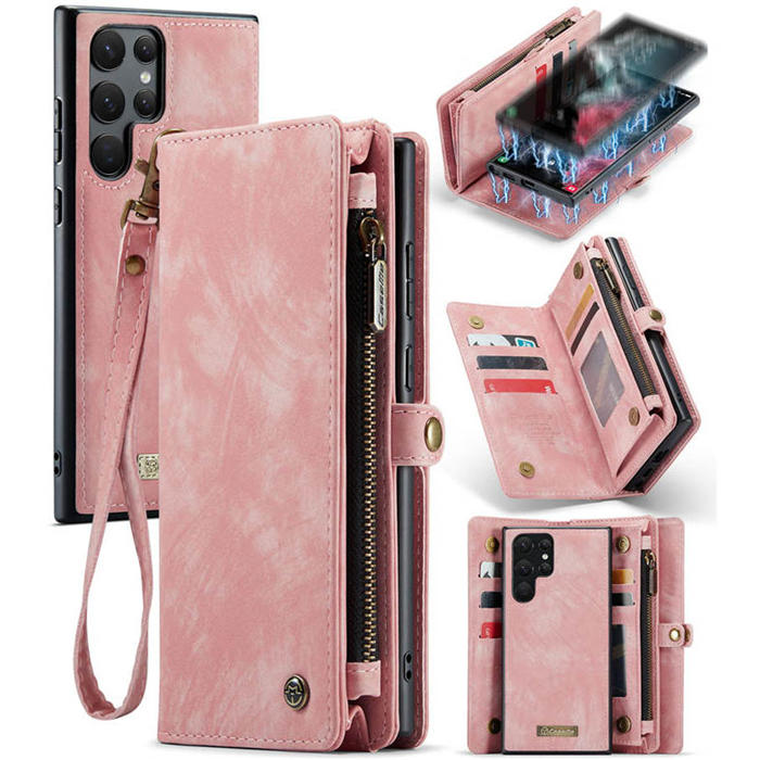 CaseMe Samsung Galaxy S22 Ultra Wallet Case with Wrist Strap Pink