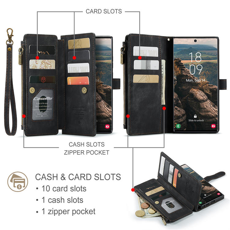 CaseMe Samsung Galaxy S22 Ultra Zipper Wallet Kickstand Case Black