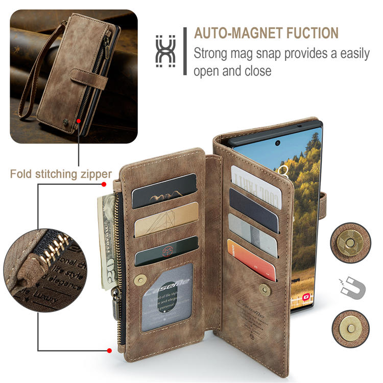 CaseMe Samsung Galaxy S22 Ultra Zipper Wallet Kickstand Case Coffee