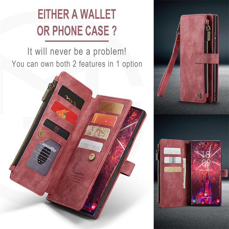 CaseMe Samsung Galaxy S22 Ultra Zipper Wallet Kickstand Case Red