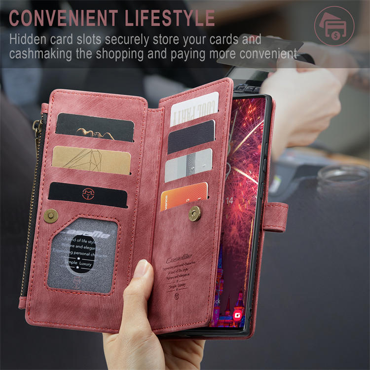 CaseMe Samsung Galaxy S22 Ultra Zipper Wallet Kickstand Case Red
