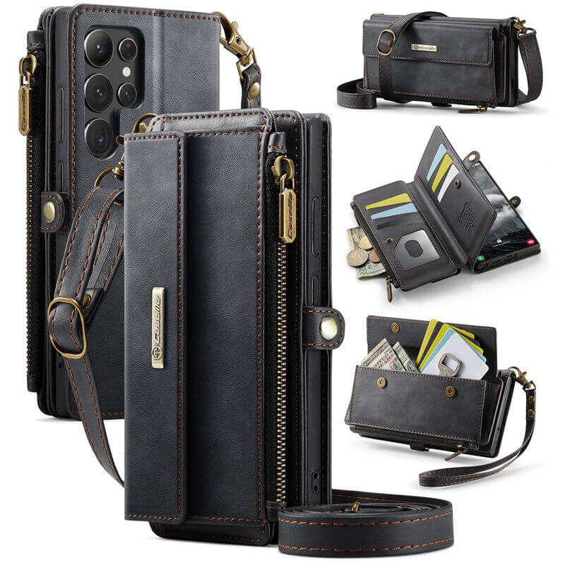 CaseMe Samsung Galaxy S22 Ultra Wallet Case – RFID Blocking Crossbody Bag with 9 Card Slots & Wireless Charging Black