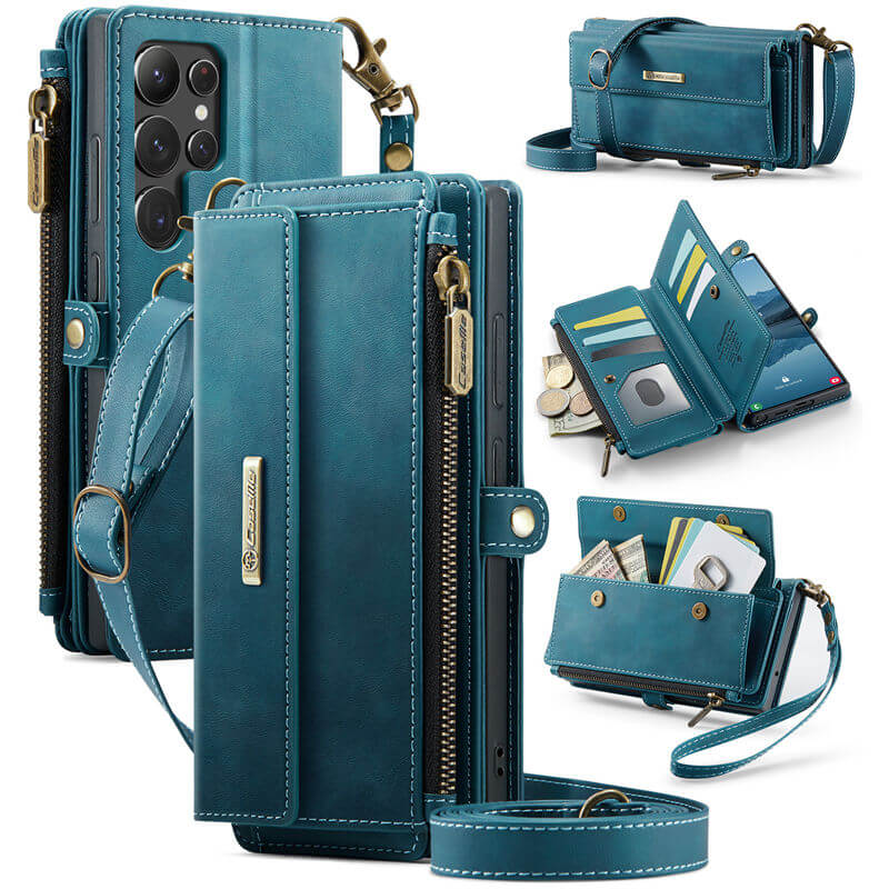 CaseMe Samsung Galaxy S22 Ultra Wallet Case – RFID Blocking Crossbody Bag with 9 Card Slots & Wireless Charging Blue