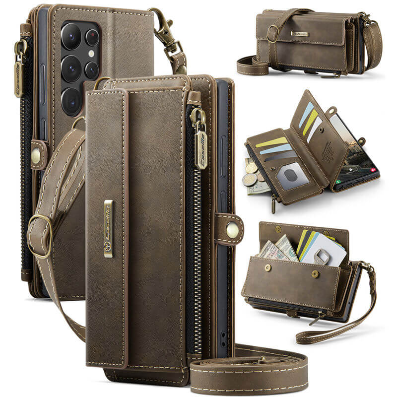 CaseMe Samsung Galaxy S22 Ultra Wallet Case – RFID Blocking Crossbody Bag with 9 Card Slots & Wireless Charging Coffee