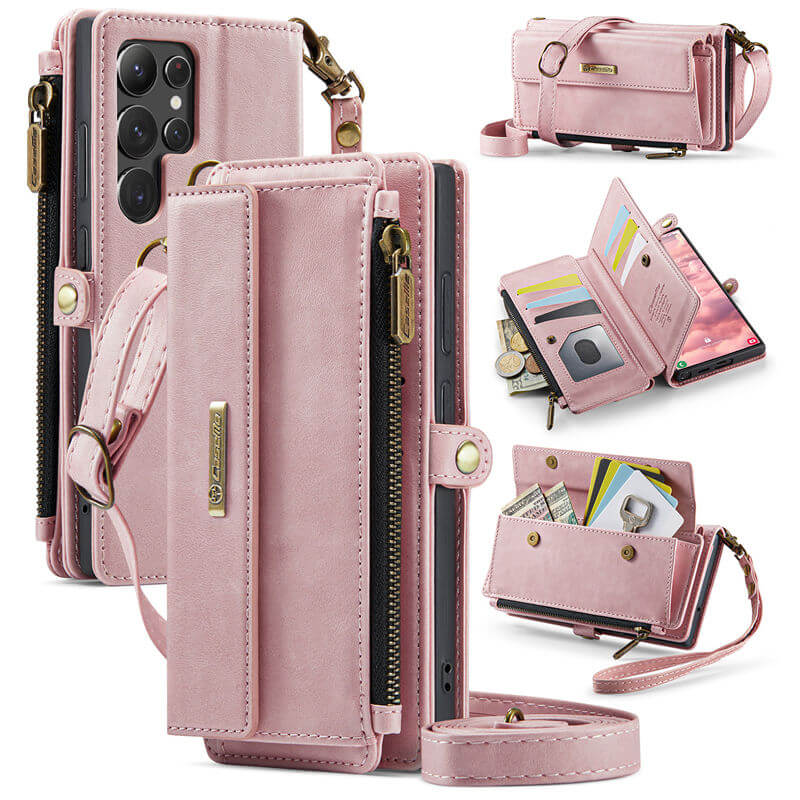 CaseMe Samsung Galaxy S22 Ultra Wallet Case – RFID Blocking Crossbody Bag with 9 Card Slots & Wireless Charging Pink