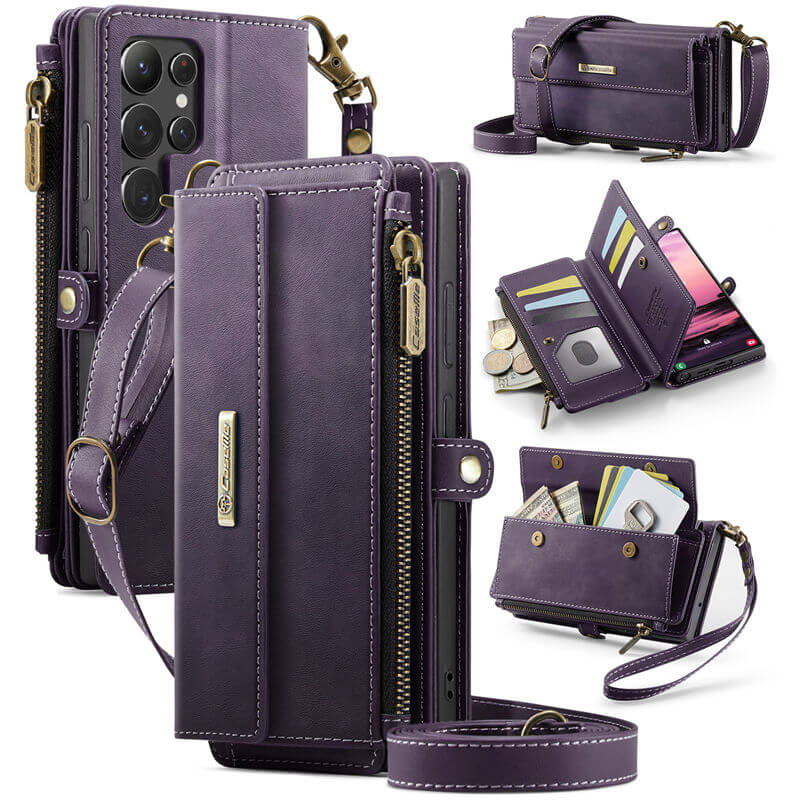 CaseMe Samsung Galaxy S22 Ultra Wallet Case – RFID Blocking Crossbody Bag with 9 Card Slots & Wireless Charging Purple