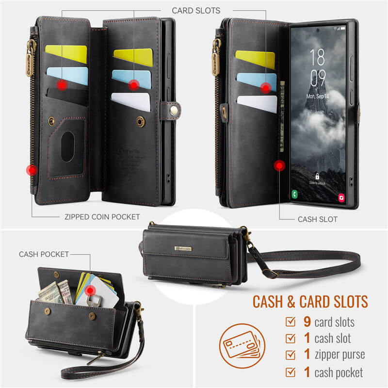 CaseMe Samsung Galaxy S22 Ultra Wallet Case – RFID Blocking, 9 Card Slots, Crossbody Strap & Wireless Charging