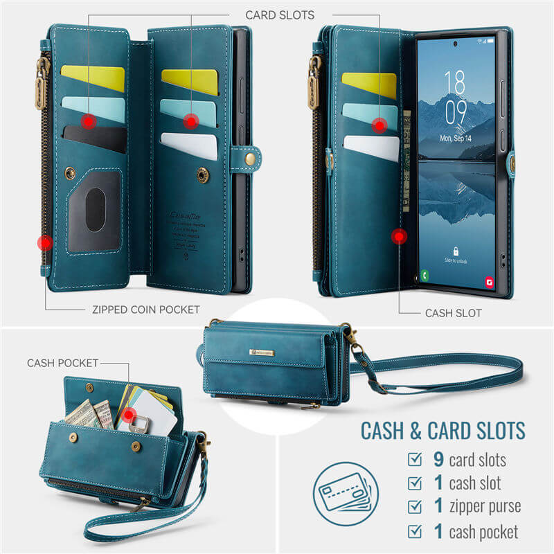CaseMe Samsung Galaxy S22 Ultra Wallet Case – RFID Blocking, 9 Card Slots, Crossbody Strap & Wireless Charging