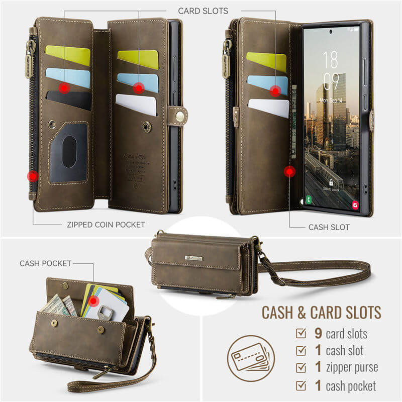 CaseMe Samsung Galaxy S22 Ultra Wallet Case – RFID Blocking, 9 Card Slots, Crossbody Strap & Wireless Charging