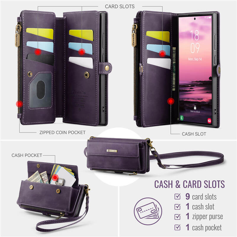CaseMe Samsung Galaxy S22 Ultra Wallet Case – RFID Blocking, 9 Card Slots, Crossbody Strap & Wireless Charging