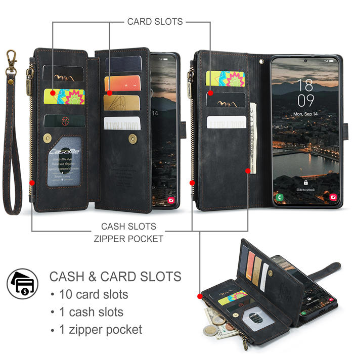 CaseMe Samsung Galaxy S22 Zipper Wallet Kickstand Case Black