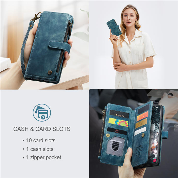 CaseMe Samsung Galaxy S22 Plus Zipper Wallet Kickstand Case Blue